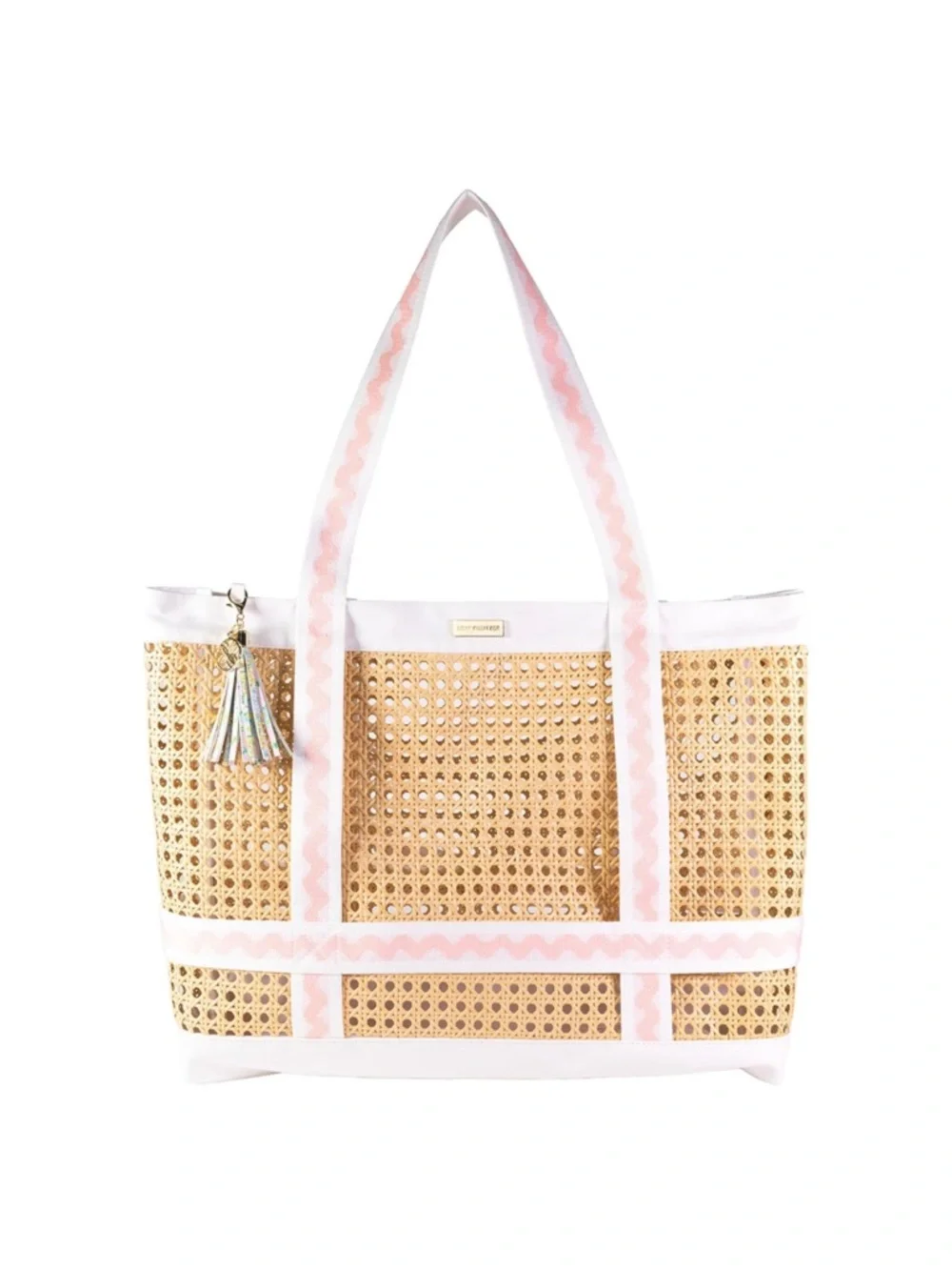New Lilly Pulitzer Natural Woven Large Travel Tote with Pink & White Trim - Picture 4 of 13